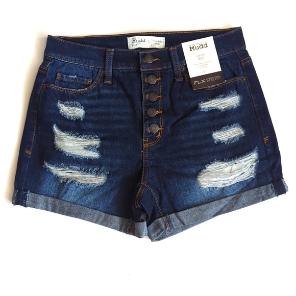 Juniors' Mudd Destructed Frayed Hem Midi Shorts - Picture 1 of 5